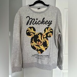 Disney Women's Gray Crew Sweatshirt with Black and Yellow Mickey Motif